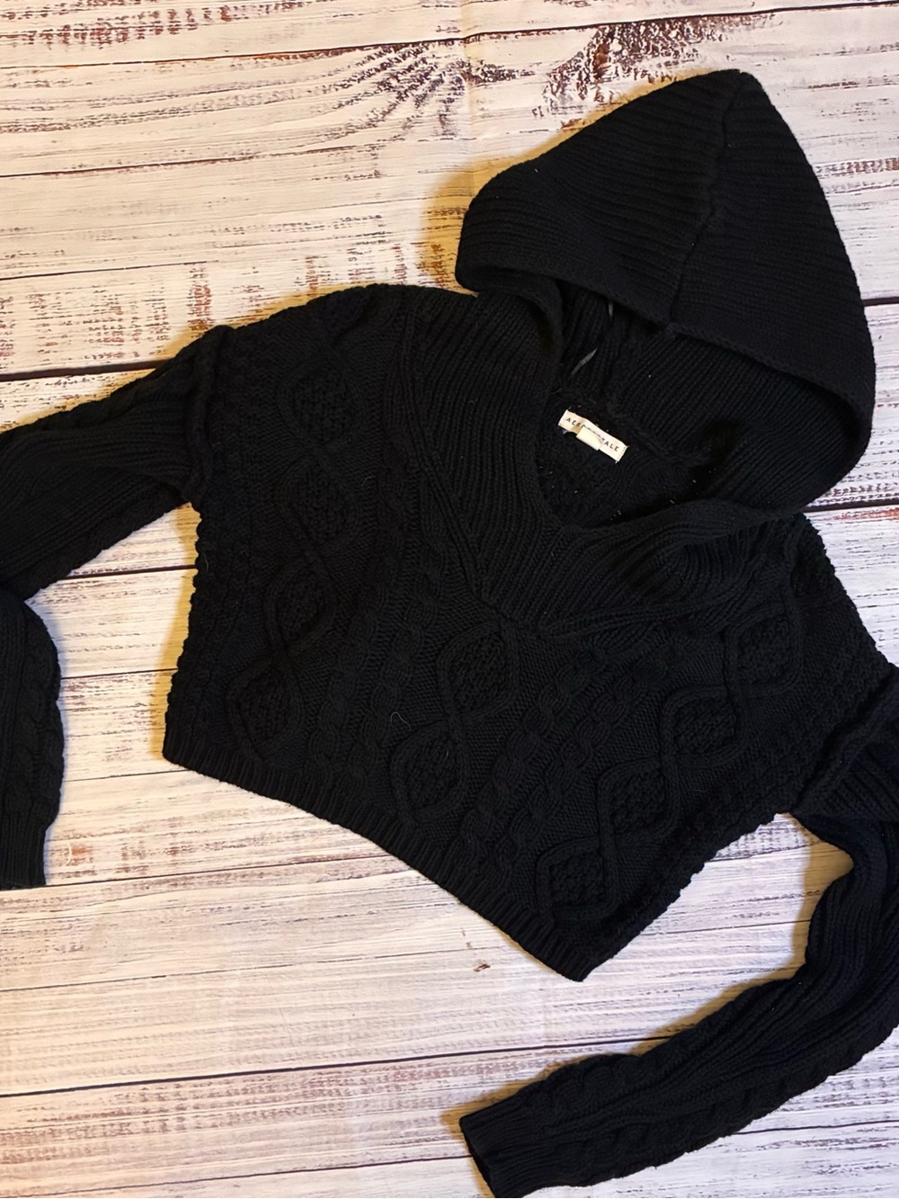 Aeropostale Black Cable-Knit Modern Boho Hooded Cropped Sweater
